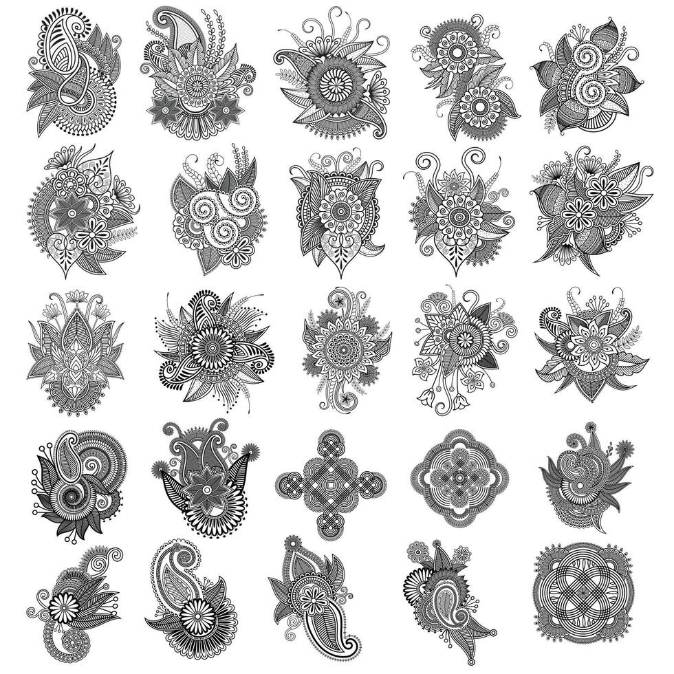Traditional and Cultural Beautiful pattern design, tattoo design, mandala patterns, Arabic patterns, Rangoli, Alpona, Kolam, Paisley line art. vector