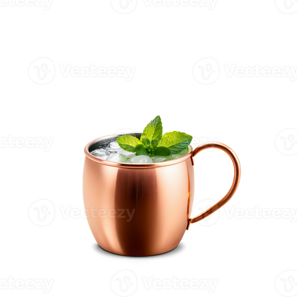 Moscow Mule mug made of gleaming copper with a curved handle filled with a zesty png