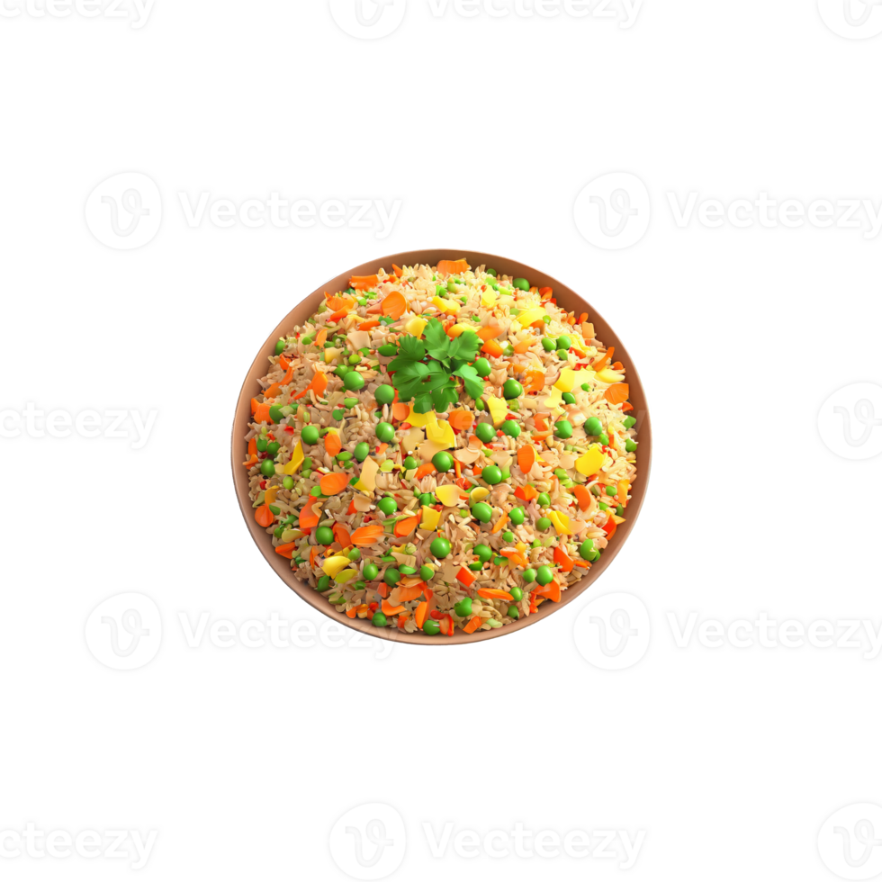 Vegetable fried rice colorful confetti of peas carrots and scrambled tofu isolated on transparent Food png