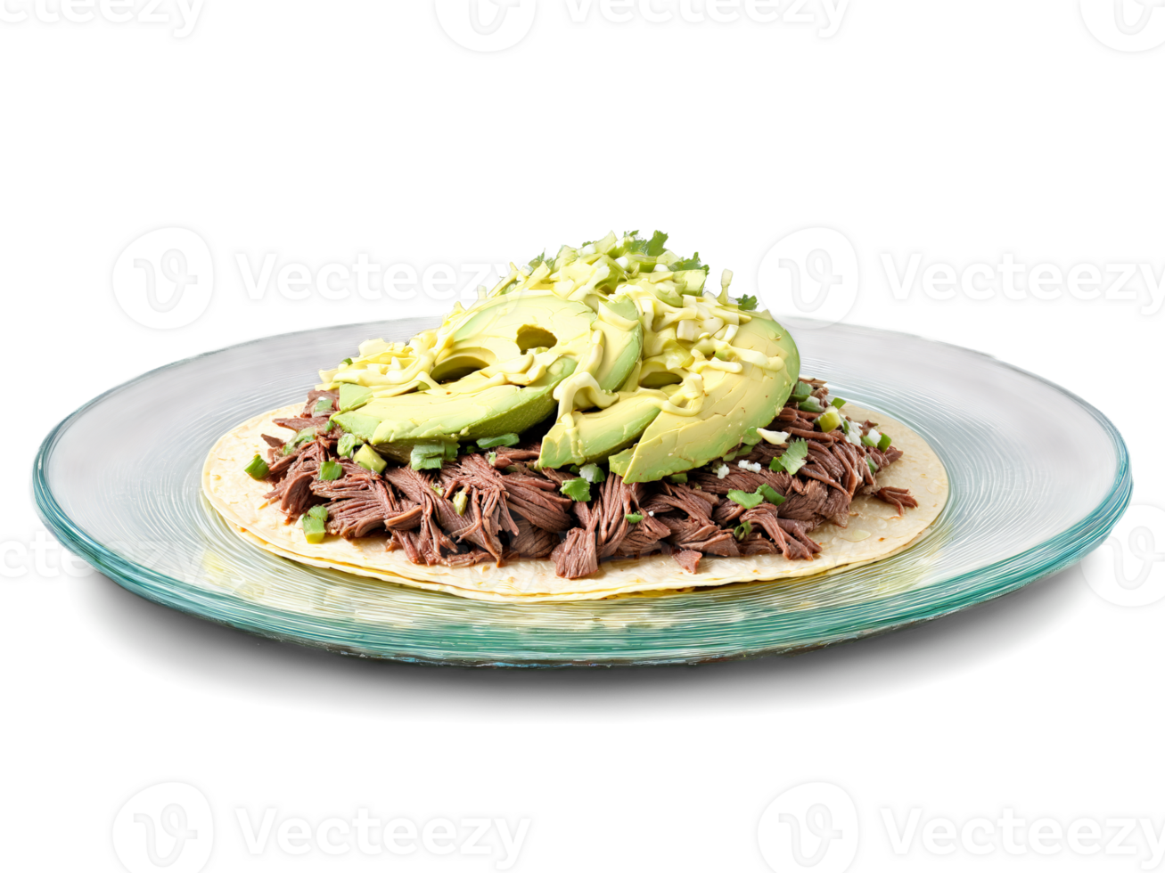 Shredded Beef Tacos with slow cooked beef avocado and cotija cheese served on a transparent png