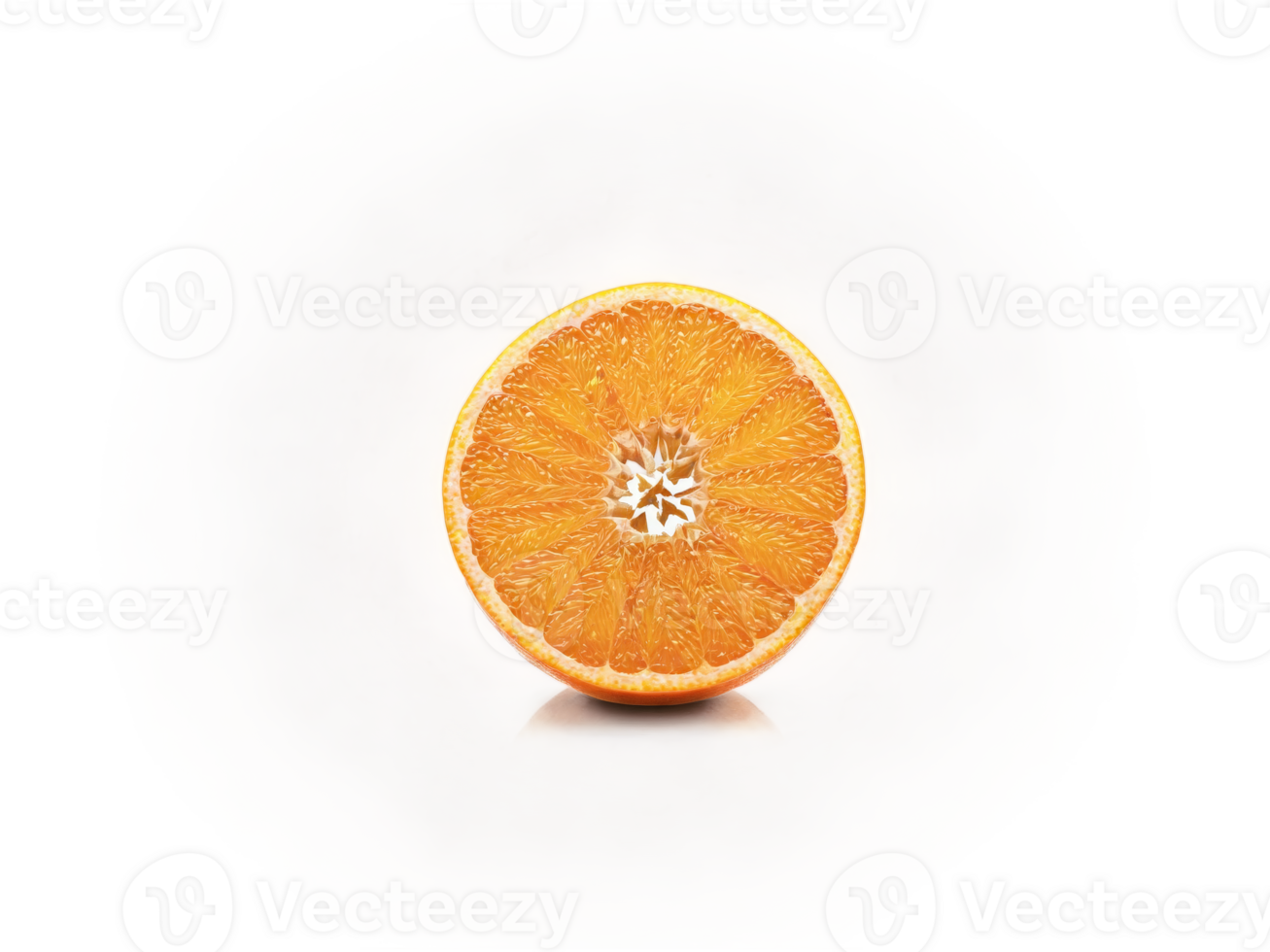Smiling orange with a surprised expression sliced in half with juicy segments flying apart dramatic png