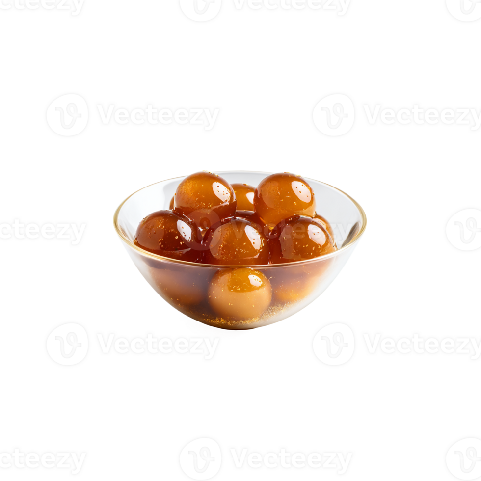 Gulab jamun golden brown spheres drizzled with syrup in a clear glass png