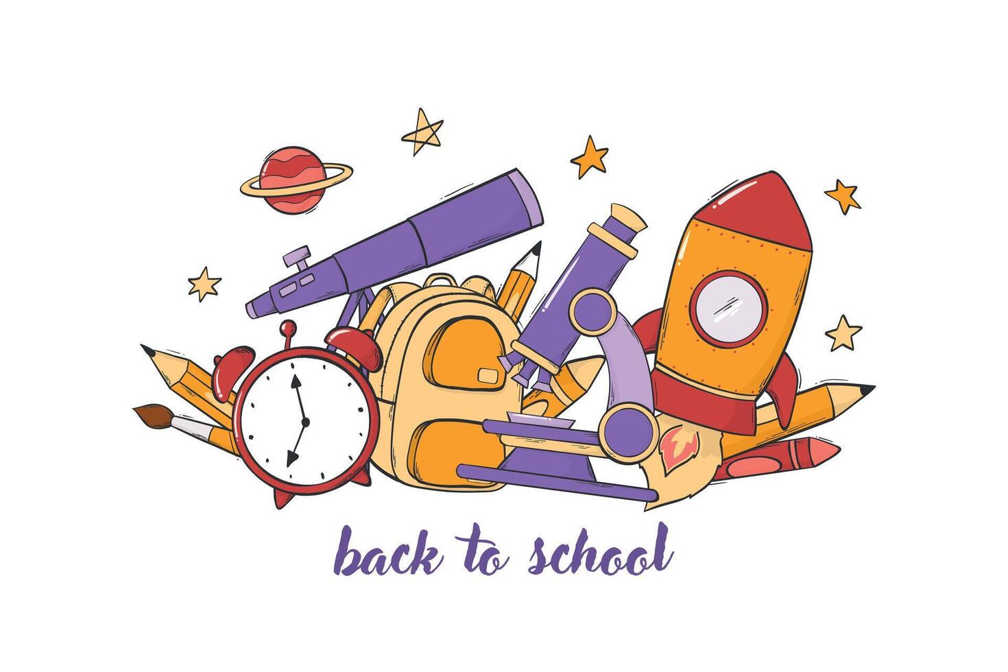 back to school lettering quote decorated with doodles for posters, prints, cards, stickers, brochures, invitations, banners, etc. EPS 10 vector