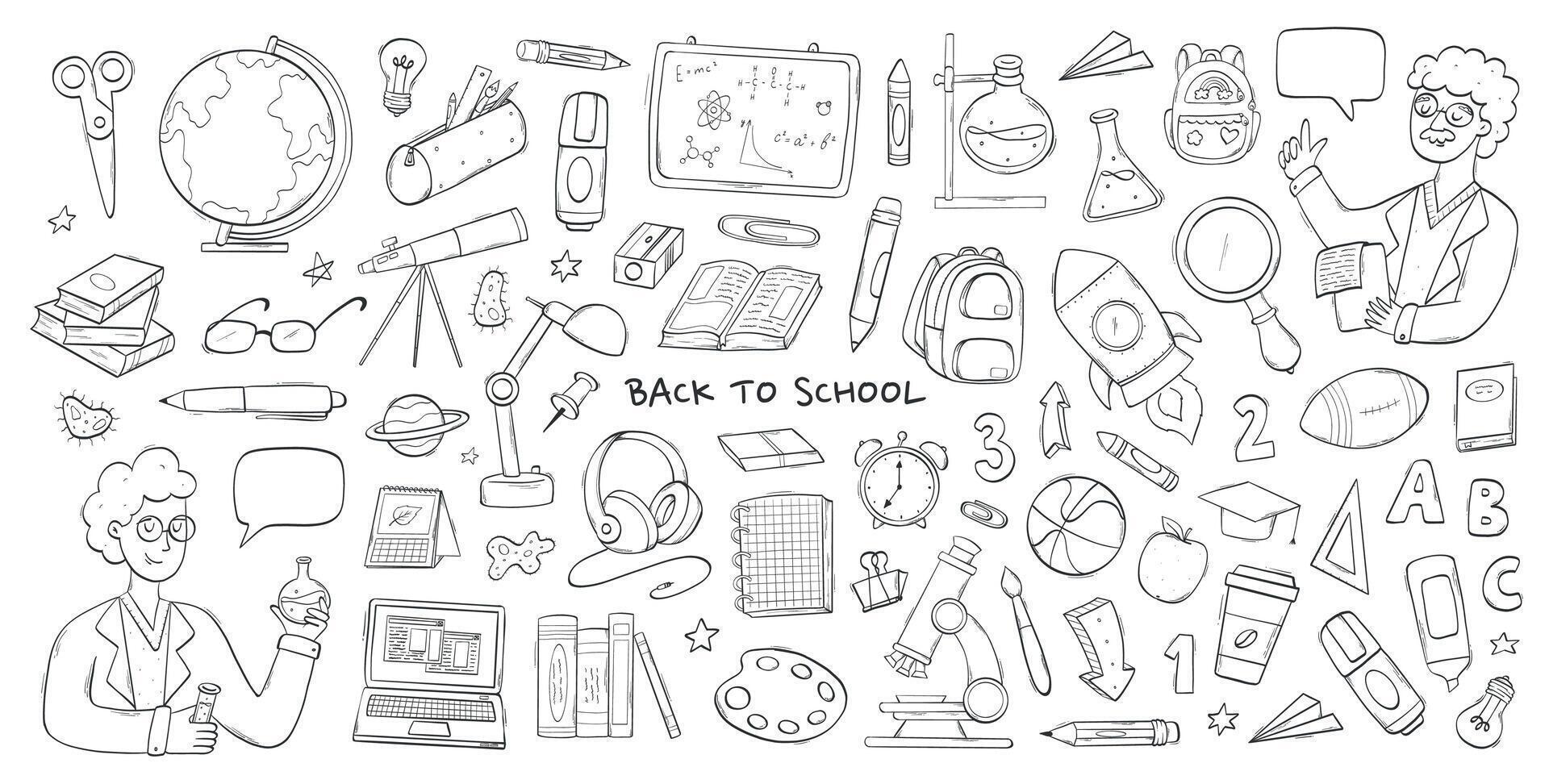 school doodles, education cartoon clip art, monochrome elements for cards, prints, posters, stickers, coloring pages, banners, etc. EPS 10 vector