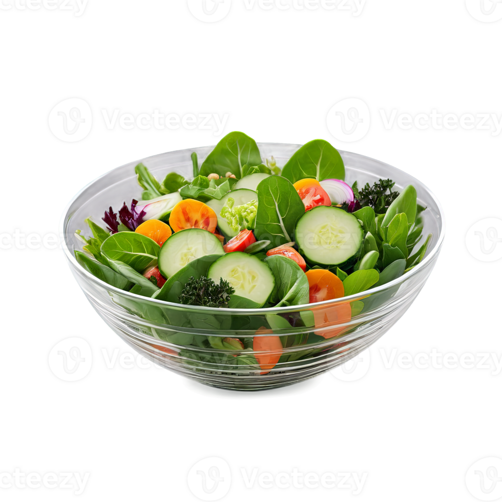 A refreshing and light salad in a deep, clear glass bowl, featuring a mix of fresh greens, vegetables, png