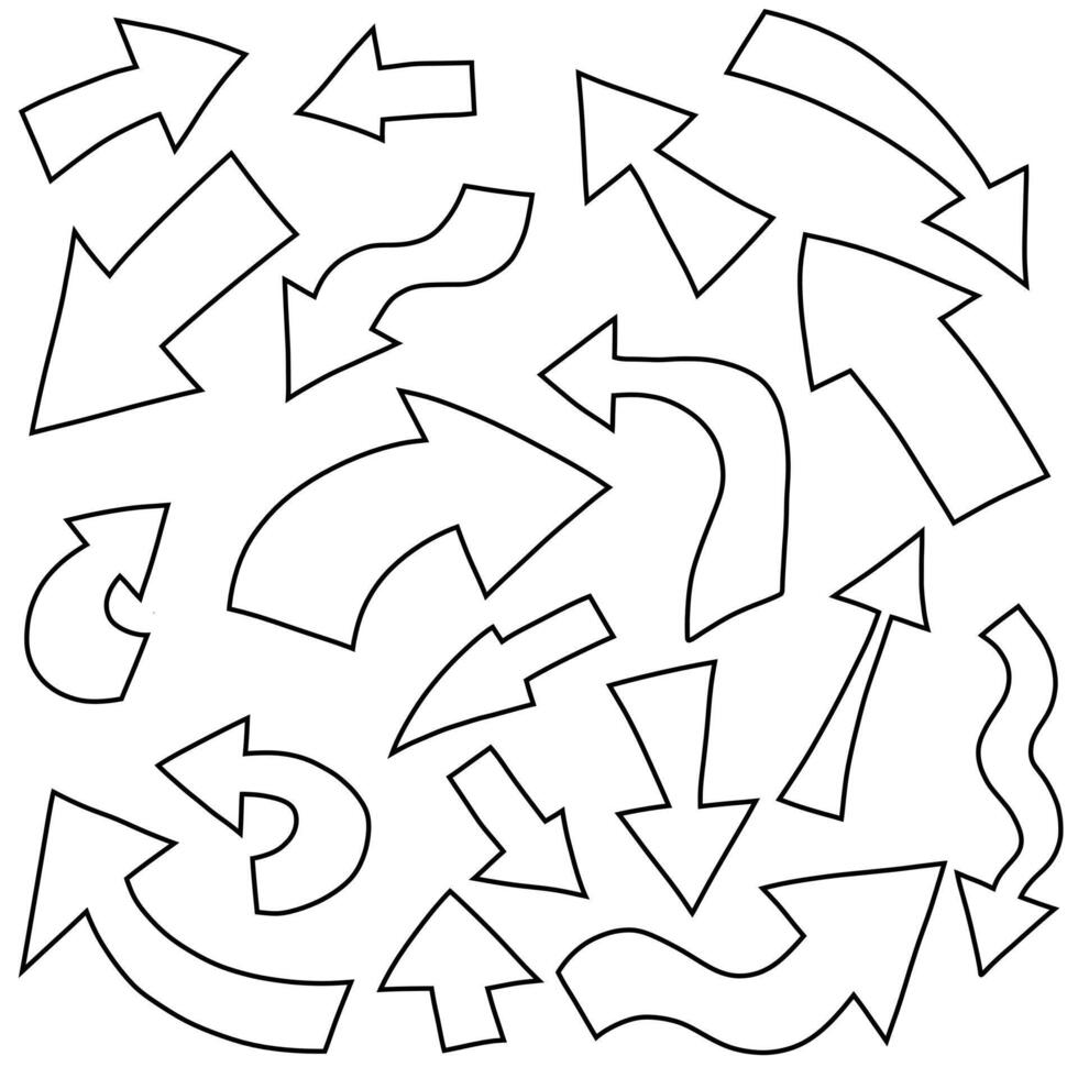 Doodle arrows. Hand drawn wide arrow. Sketch different directions. Stock black and white illustration isolated on white background. vector