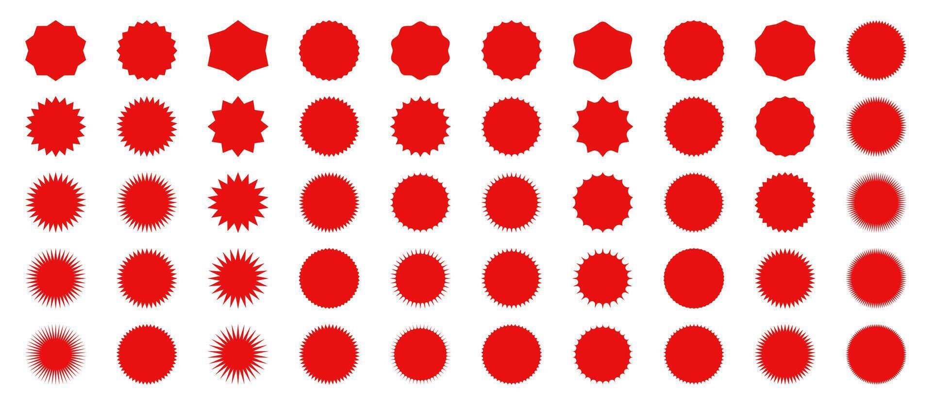 big collection of starburst red stickers, star labels collection, round badges. design for sales promo, poster, social media, web. vector