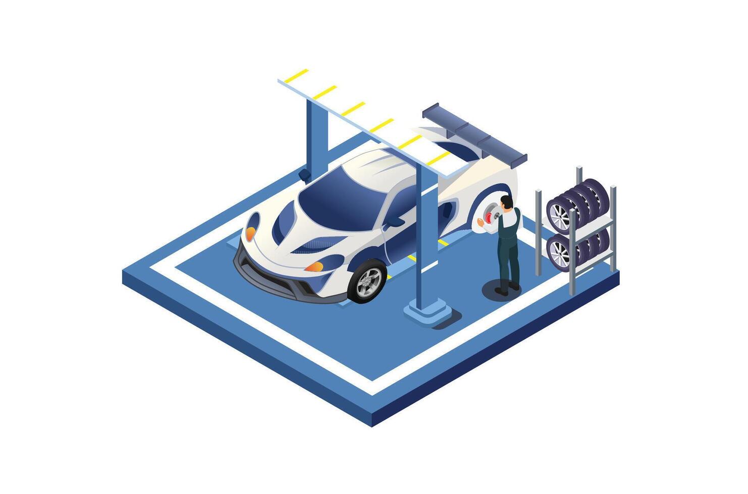 isometric illustration of a super car changing wheels with one male worker, Suitable for Diagrams, Infographics and Other Graphic assets vector