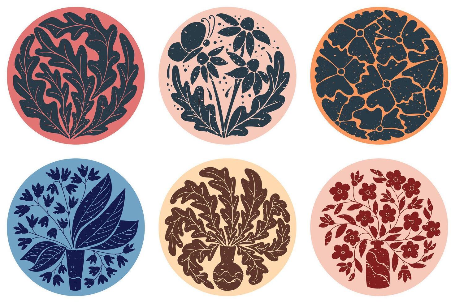Vintage set of psychedelic abstract contrast floral compositions in round shapes. Flat illustrations with floral bunches vector