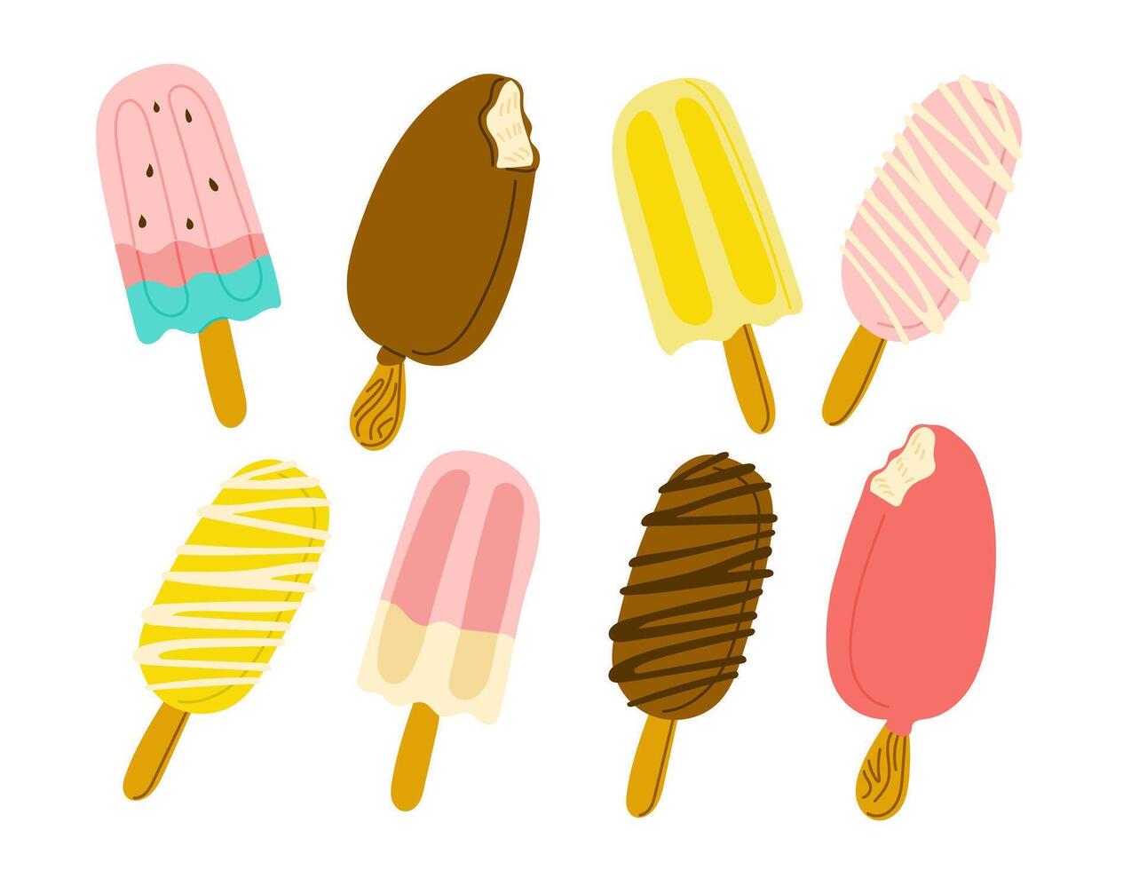 Colorful flat set of ice creams on sticks vector