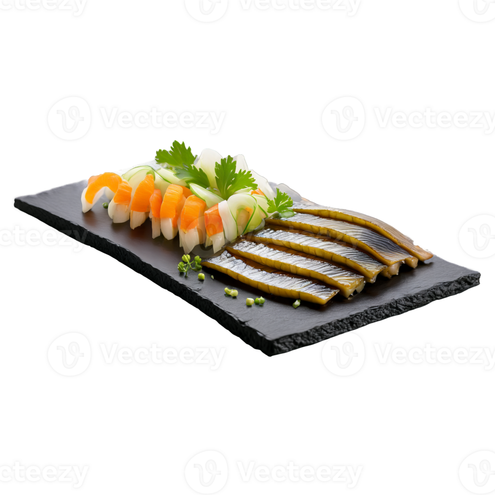 Smoked eel thinly sliced and served with a side of pickled vegetables and wasabi Culinary png