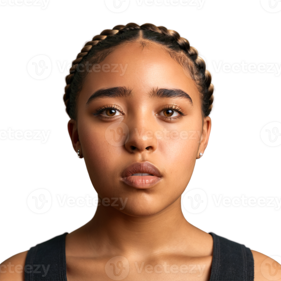Young multiracial woman with braided bangs and nose stud cute face piercing eyes breathing mouth. Essence of diverse femininity. png