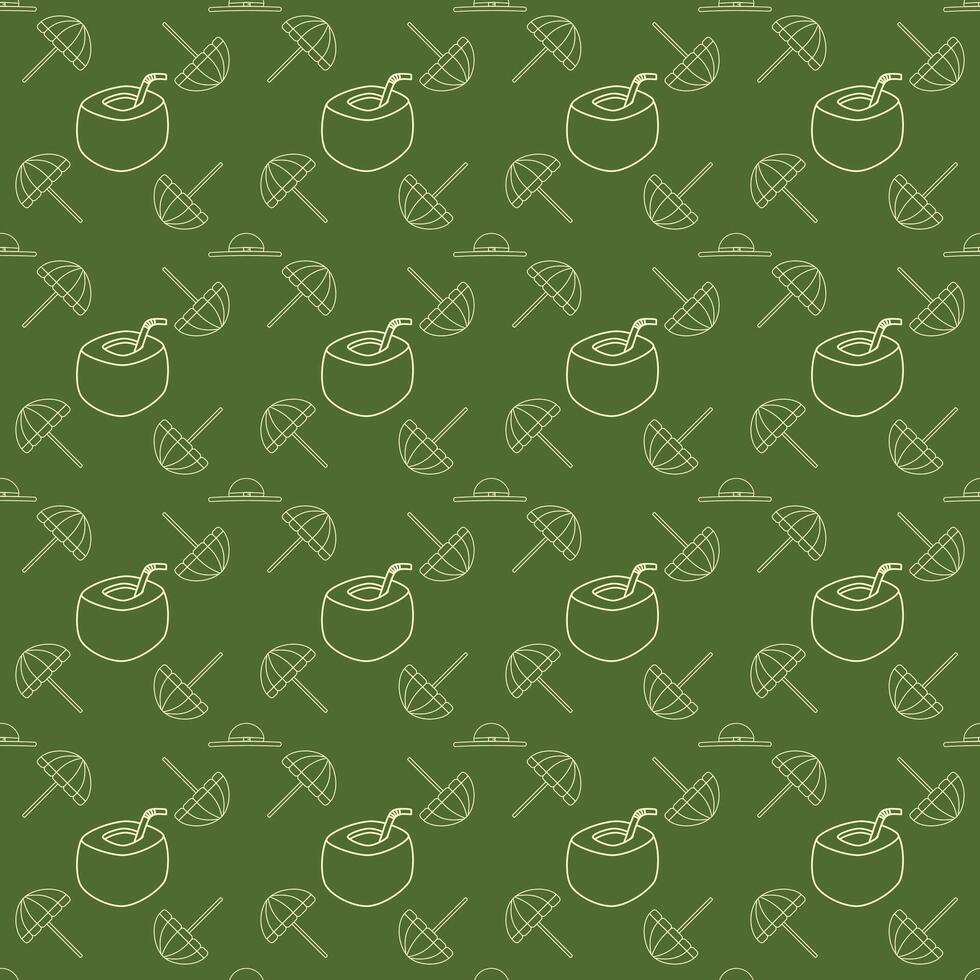 A seamless pattern of coconut, umbrella, and straw hat on a Green background in a flat shape Summer Beach concept, for prints, fabric, wrapping, textile vector
