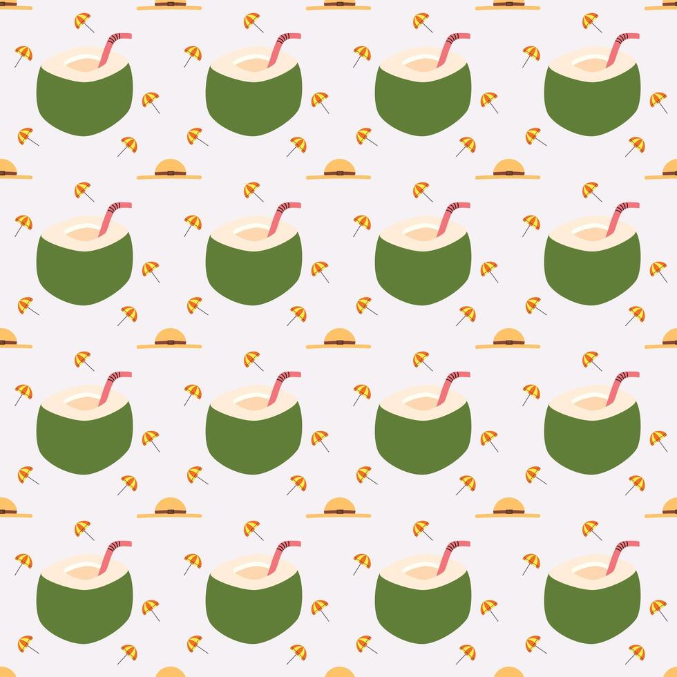A seamless pattern of coconut, umbrella, and straw hat on a Gray background in a flat shape Summer Beach concept, for prints, fabric, wrapping, textile vector