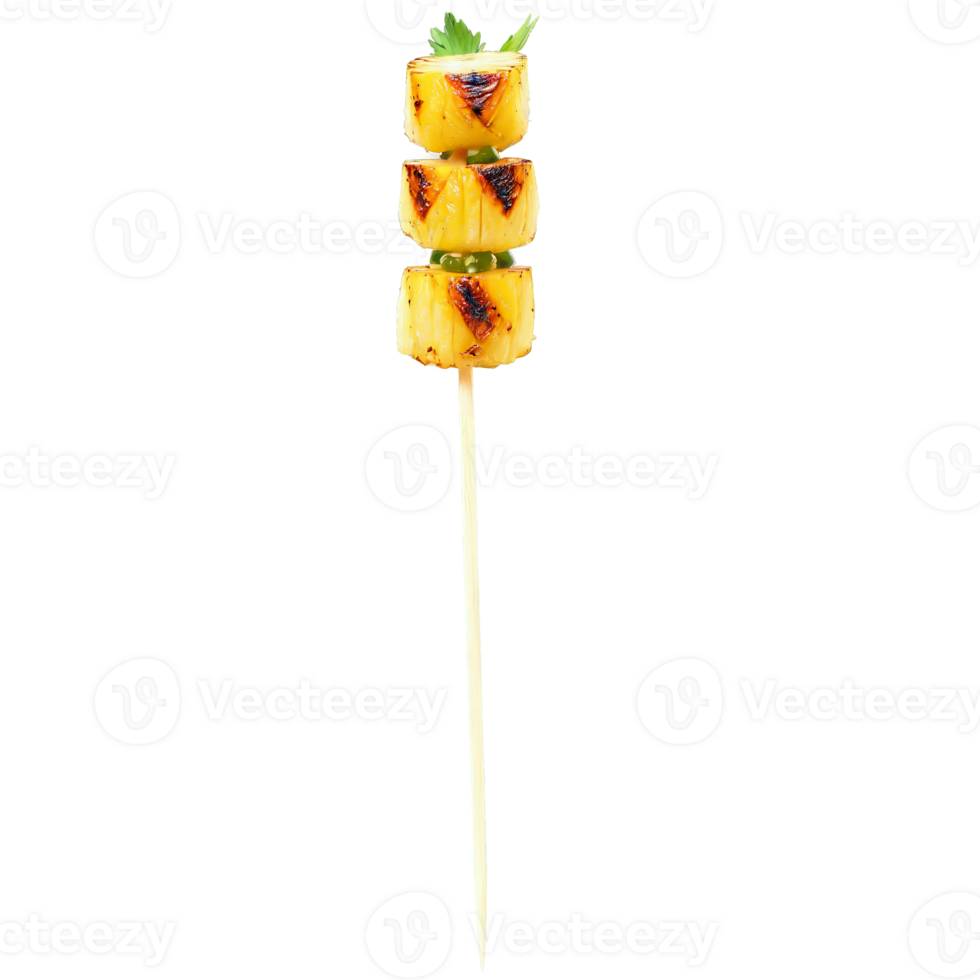 Grilled pineapple and scallop skewers with a lime butter sauce and cilantro on clear skewers png