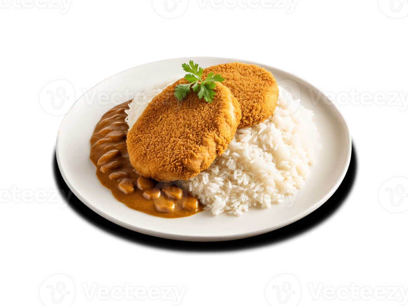 Katsu Curry crispy panko breaded pork or chicken cutlet served over bed of steamed rice png