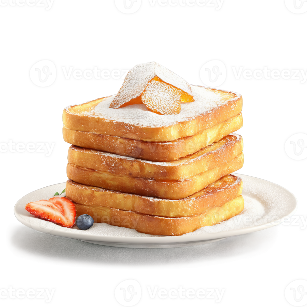 French toast golden stack in glass dish confectioners sugar dusting Food and Culinary concept png