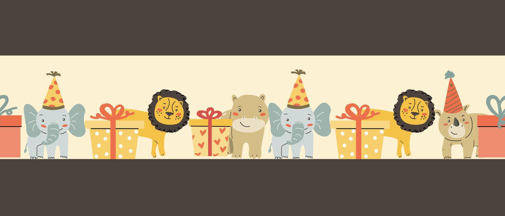 Childrens animals background, cute african jungle and tropical animal border. vector
