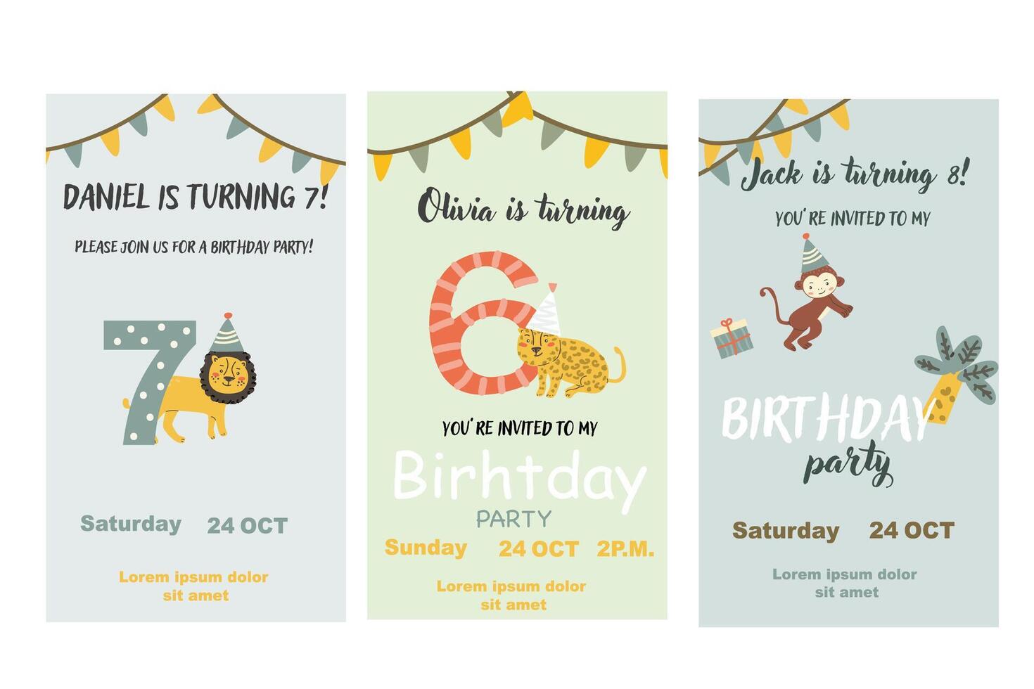 Childrens birthday invitation posters set. Can used for birthday party, childish design vector