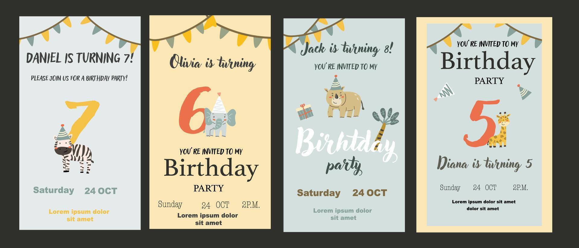 Childrens birthday invitation posters set. Can used for birthday party, childish design vector