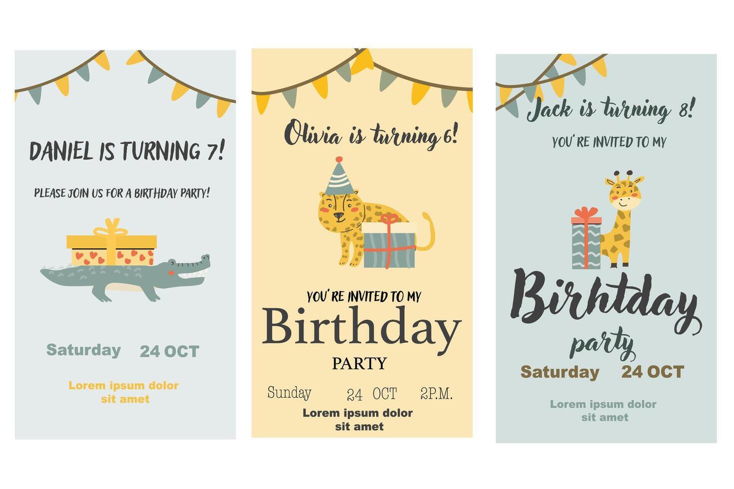 Childrens birthday invitation posters set. Can used for birthday party, childish design vector