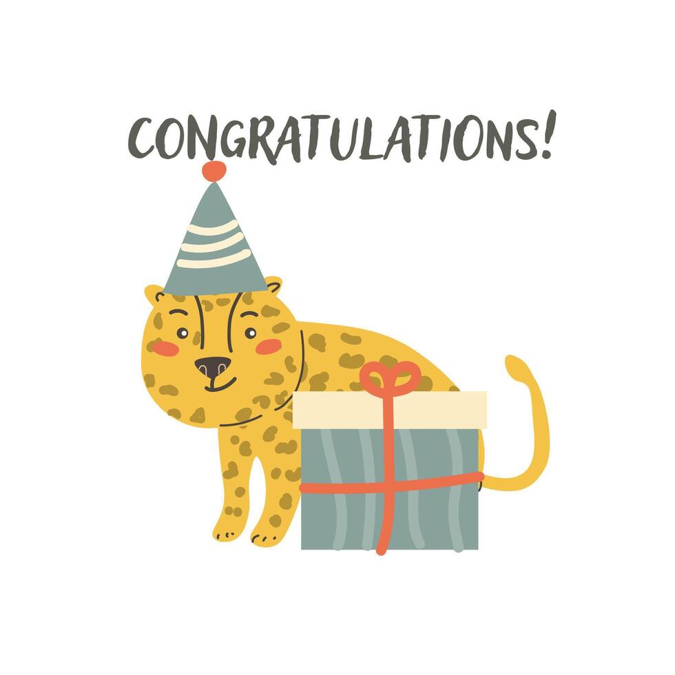 Childrens animal card leopard with congratulation text. vector