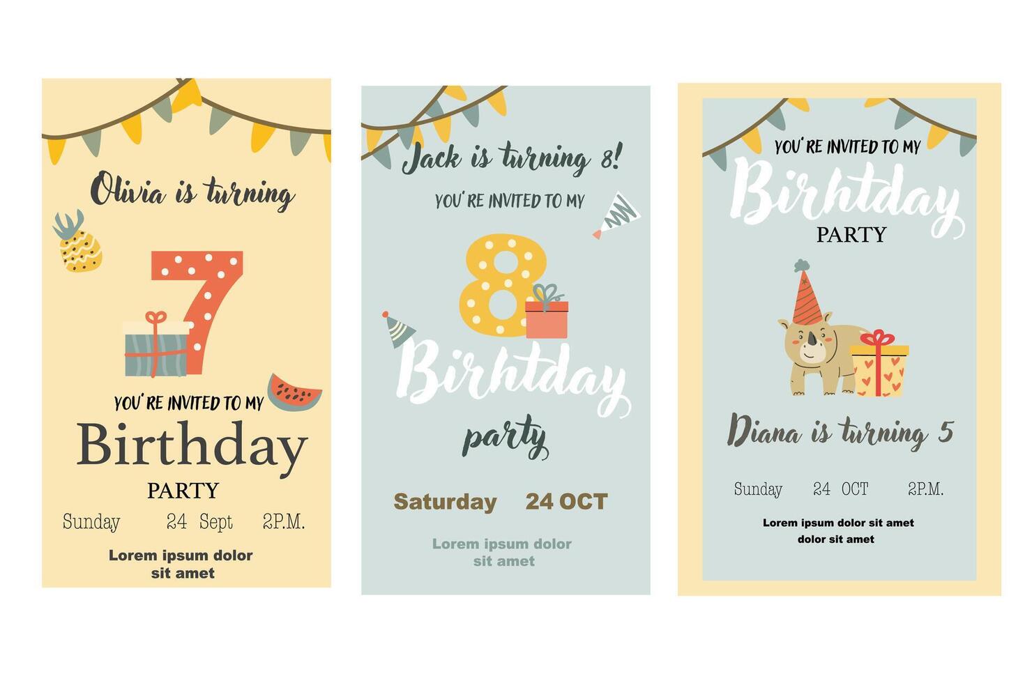 Childrens birthday invitation posters set. Can used for birthday party, childish design vector