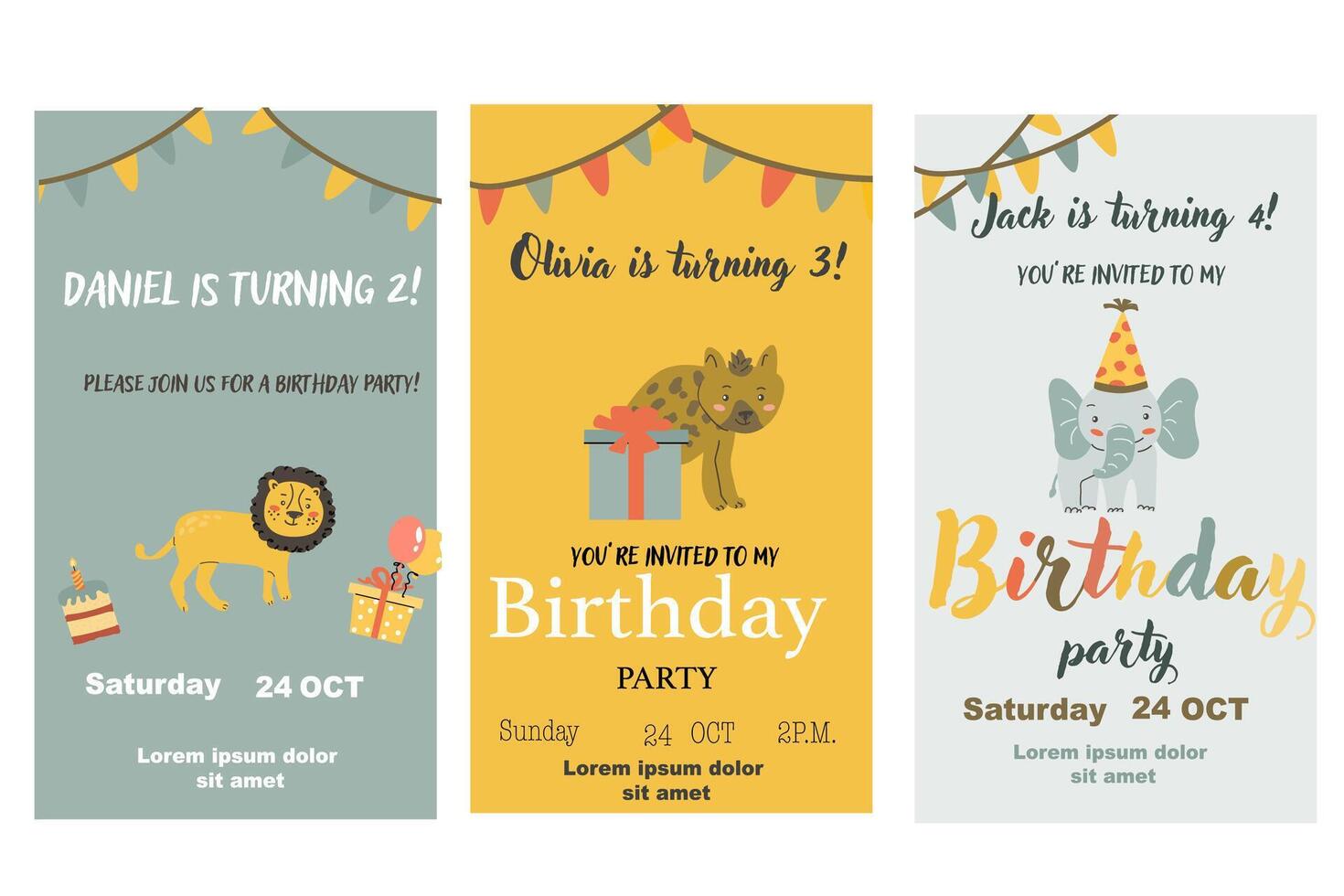 Childrens birthday invitation posters set. Can used for birthday party, childish design vector