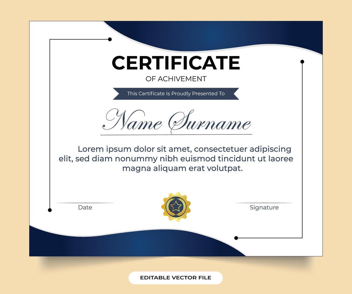 Certificate of appreciation and achievement vecto design with blue and golden colors. Certificate template with elegant corner frame and certificate of achievement certificate decoration golden badge vector