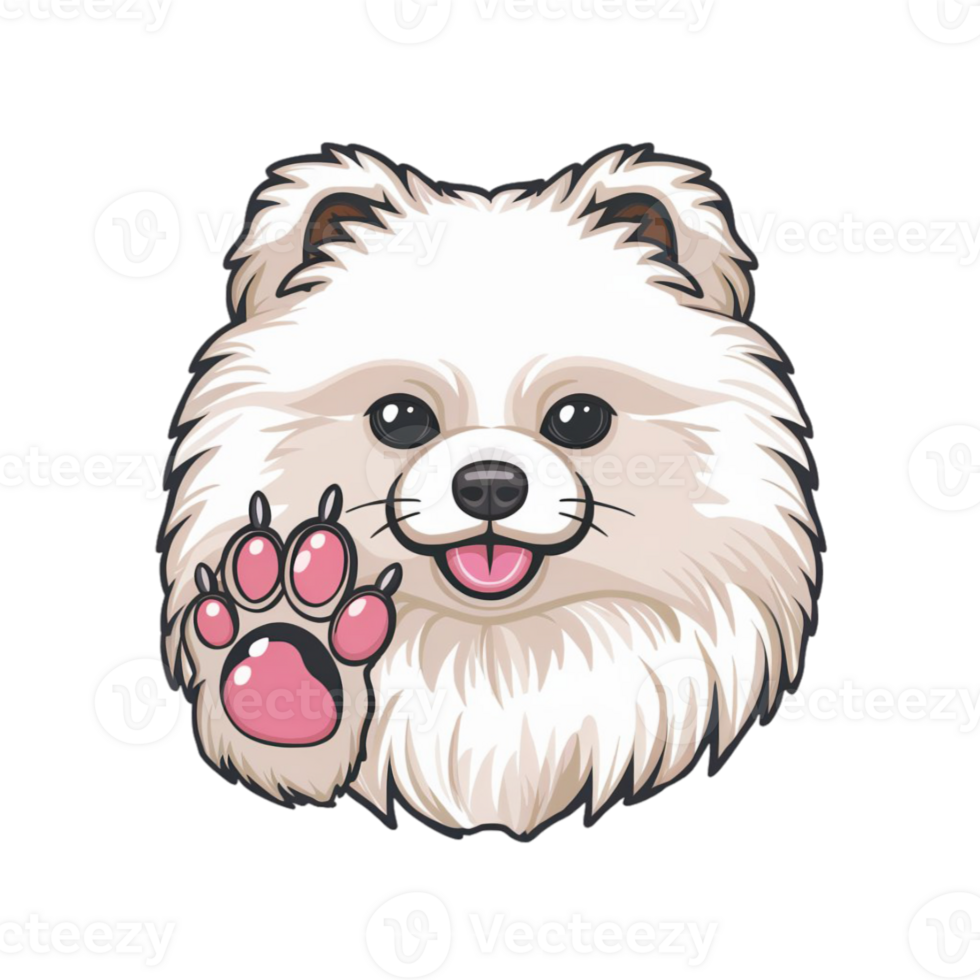 A cute fluffy dog is pictured with its tongue out and paw upraised, as if in a friendly greeting png