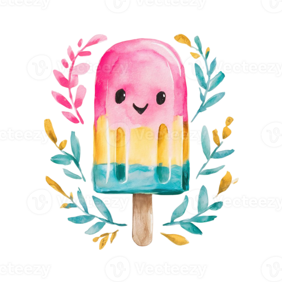 pink and turquoise watercolor graphics for summer ice cream on a stick png