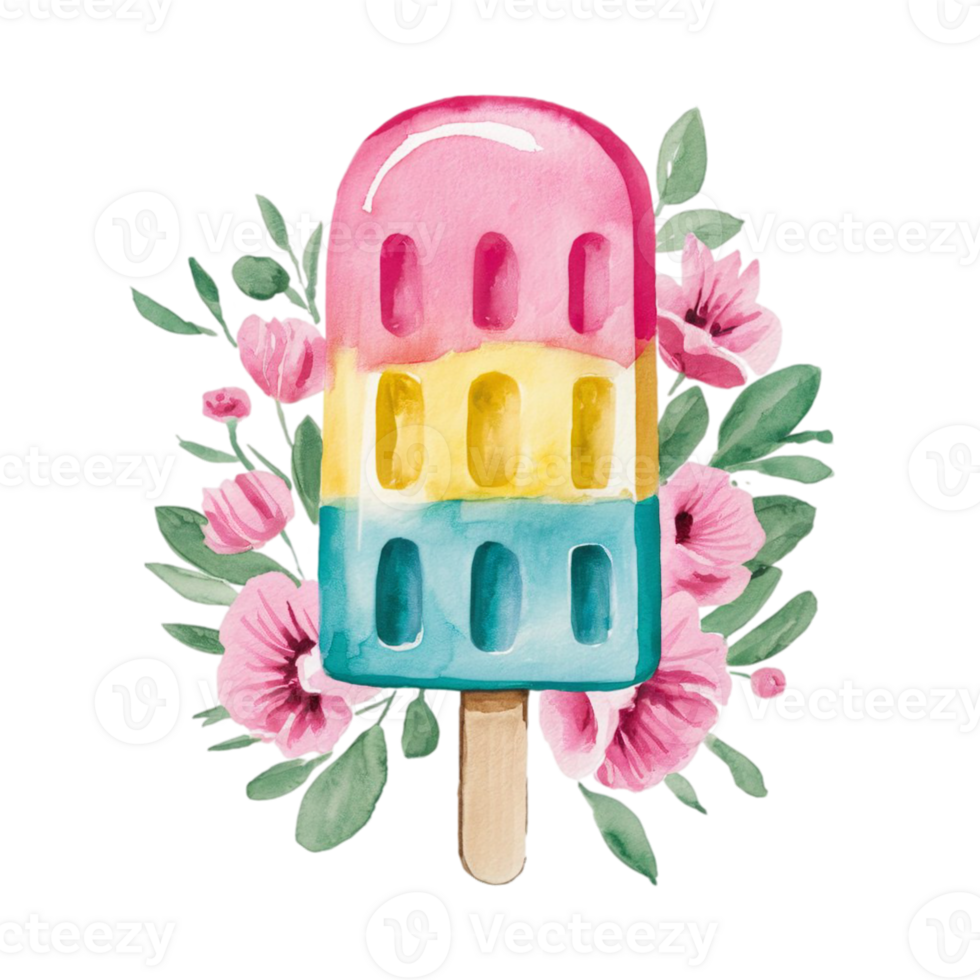 pink and turquoise watercolor graphics for summer ice cream on a stick png