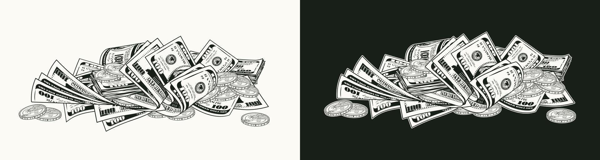 Heap of folded 100 dollar banknotes, bills, one dollar coins. Pile of cash money. Monochrome illustration in vintage style. vector
