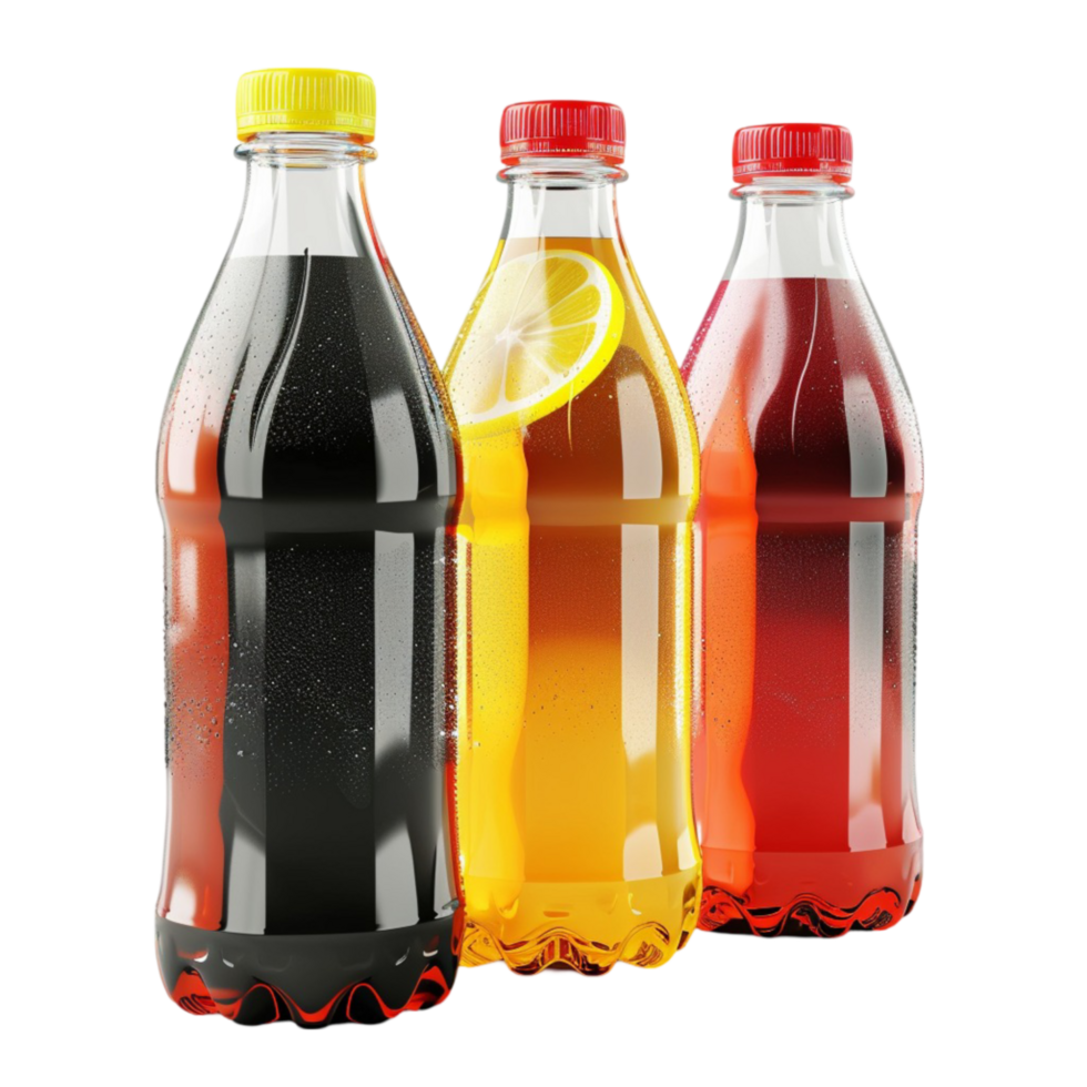 three bottles of soda with different colors png