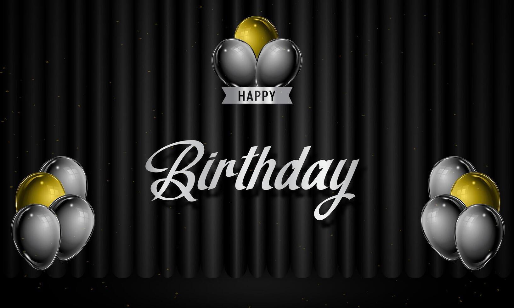 Black curtain background with baloons and confetti for birthday banner vector