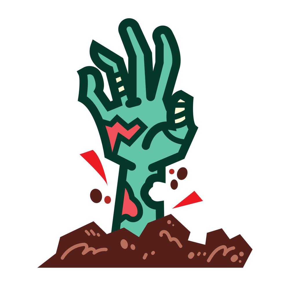 Fragile and wounded green zombie hand coming out from ground colorful icon illustration with outline isolated on square white background. Simple flat halloween monster themed cartoon styled drawing. vector