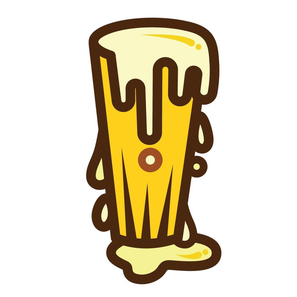 Overflowing alcohol beer drink in glass cup colored icon illustration with outline isolated on square white background. Simple flat cartoon art styled object drawing for coloring book or web designs. vector