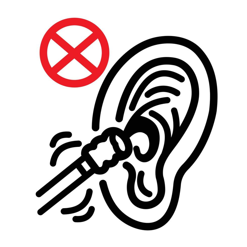 Do not clean ear hole with cotton buds or q tips icon illustration outline isolated on square white background. Simple flat cartoon art styled drawing. vector