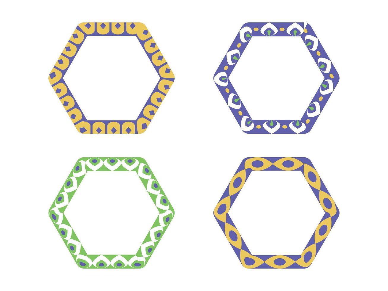 Set of four hexagonal frames with geometric pattern. vector