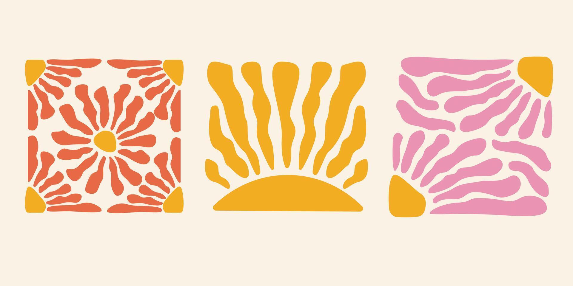 Groovy retro abstract sun backgrounds. Organic doodle shapes in trendy naive hippie 60s 70s style. Contemporary poster print banner template. Square wavy illustration vector