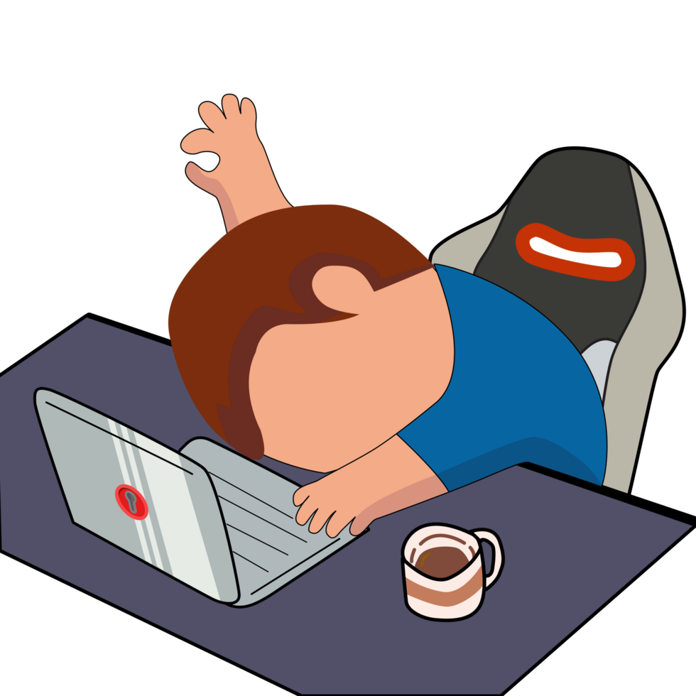 Young man with laptop bending down the head on the table png