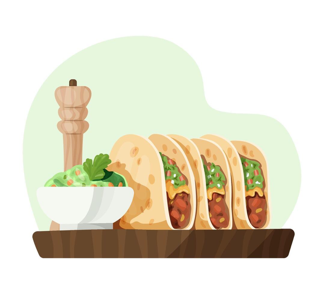 Tacos with Guacamole on Wooden Board. vector