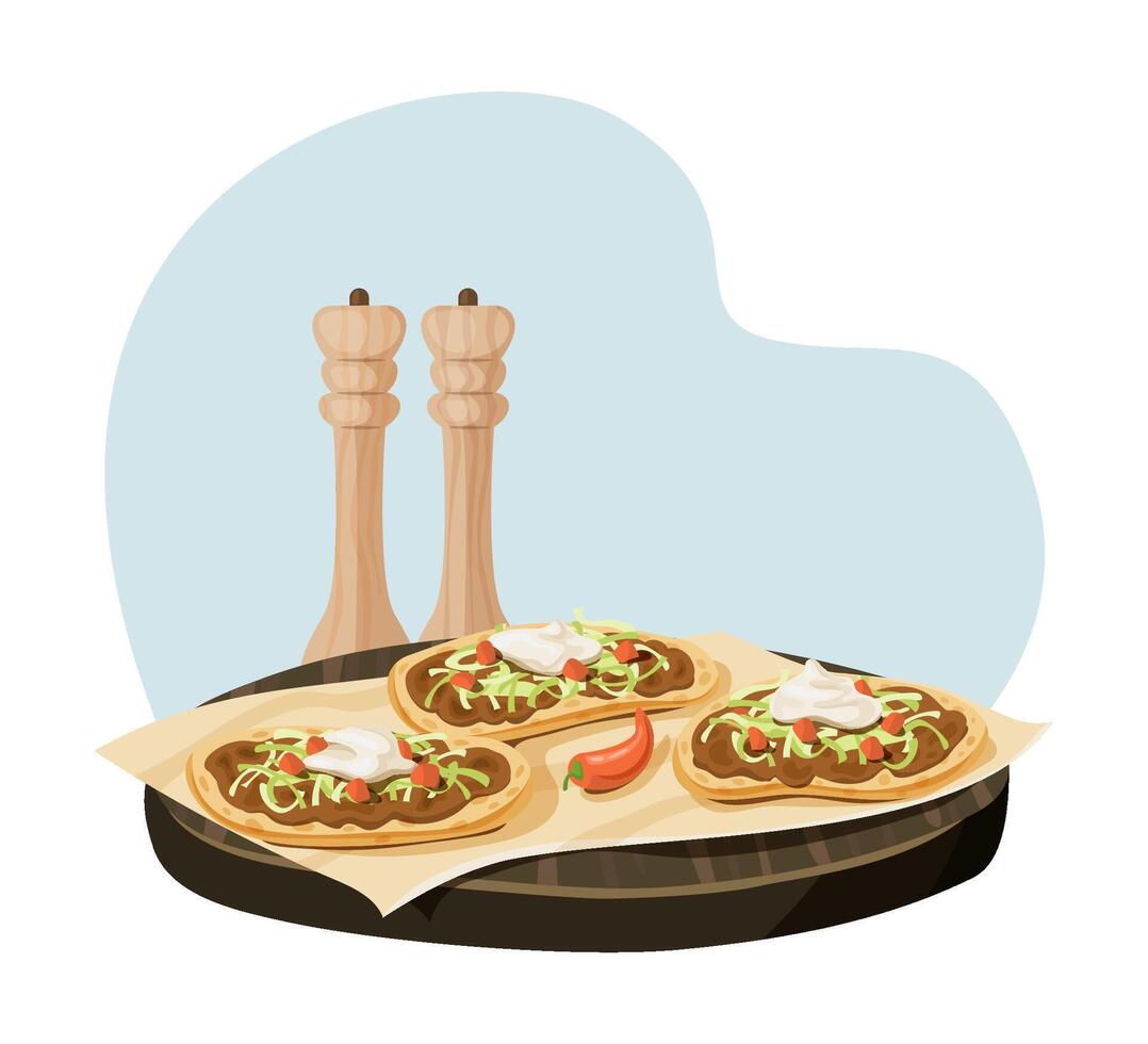 Tostadas with Toppings and Pepper Mills. vector