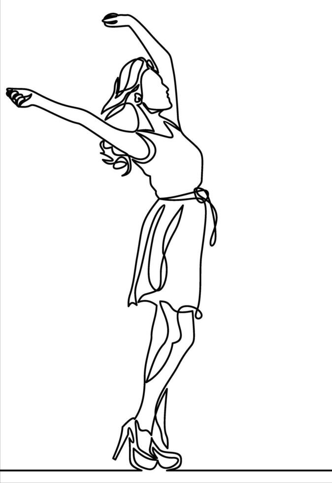 A young girl raised her hands up. continuous line. vector