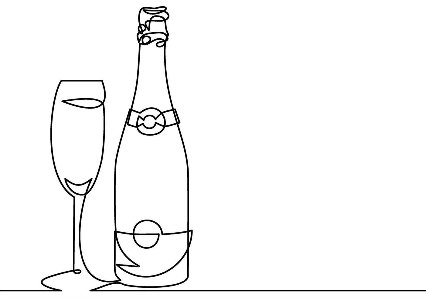 Champagne bottle and glass. illustration-continuous line drawing vector