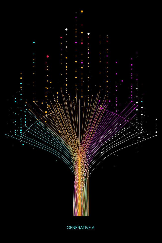 Illustration of abstract stream information with cyan, blue, red and orange line and dot. Big data, technology, AI, data transfer, data flow, large language model vector