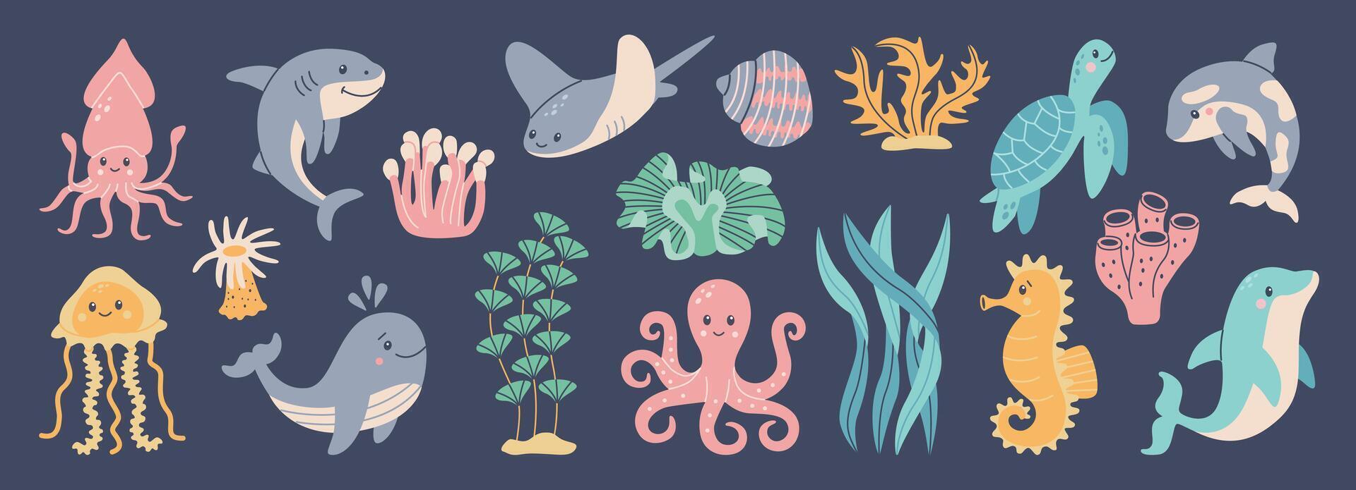 Set of hand drawn marine life. Fish and wild sea animals. Octopus, seahorse, whale, dolphin, killer whale, turtle, squid, cachalot. Algae and seashells. Cute flat cartoon illustration. vector