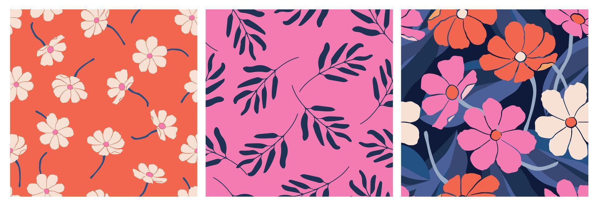 Set of hand drawn flowers, seamless patterns with floral for fabric, textiles, clothing, wrapping paper, cover, banner, interior decor, abstract backgrounds. vector