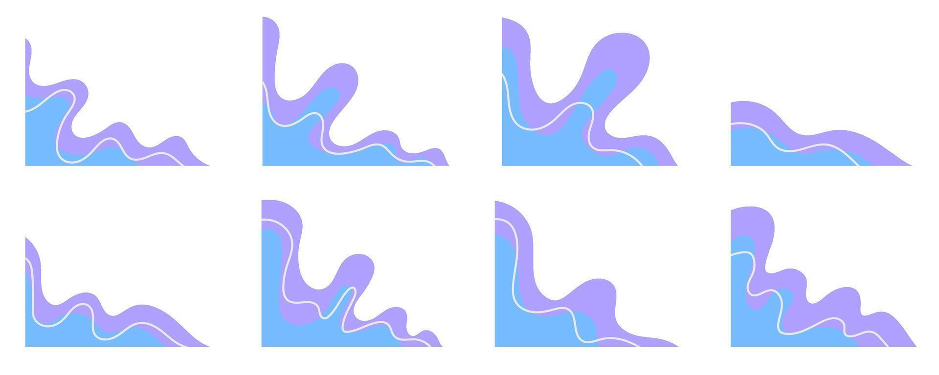 Blue wavy shapes for corner decoration. Abstract curve fluid elements for frame isolated on white background. Blobs set vector