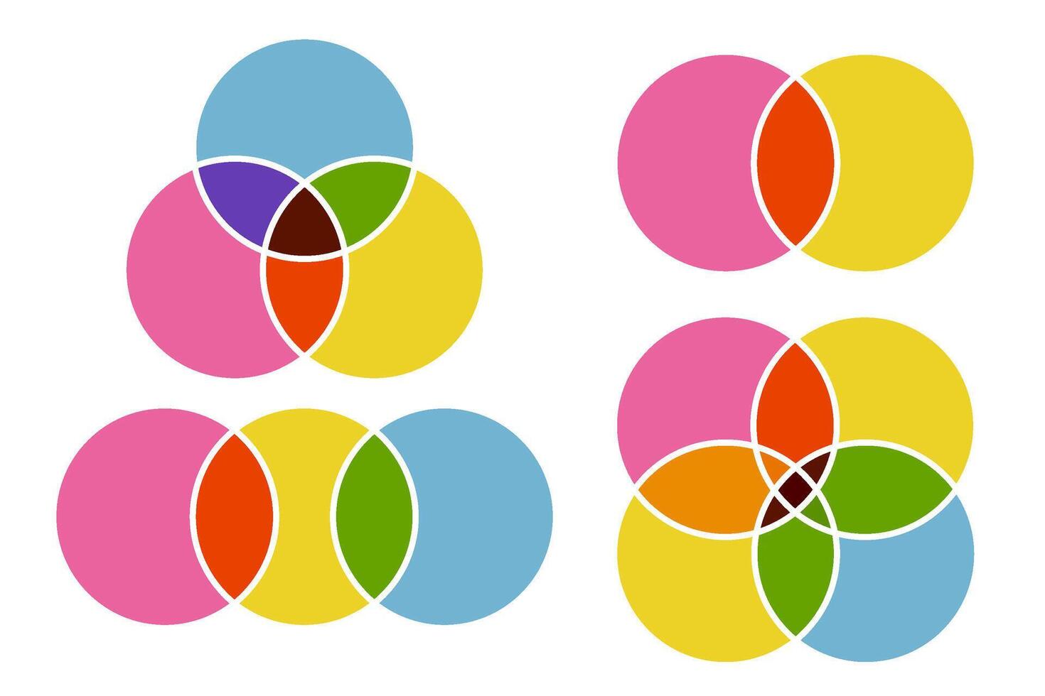 Venn diagrams. Circle intersection for infographic. 2, 3 and four graph template. Graphic design for business. Risograph maths objects. Circular schema and logic process illustration. vector